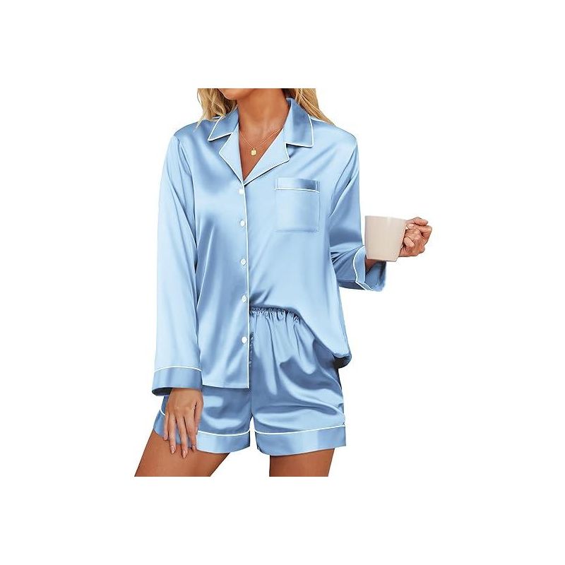 Ekouaer Satin Pajama Set for Women Button Down Pj Set Long Sleeve Top and Shorts 2 Piece Loungewear Summer Soft Sleepwear Clear Blue XL