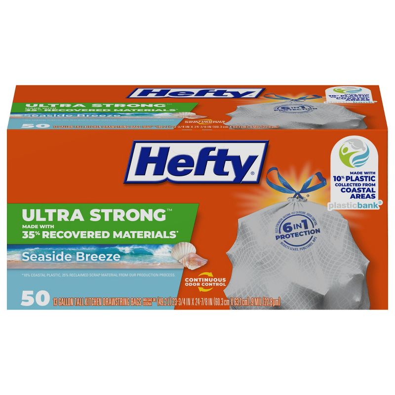 Hefty Ultra Strong Tall Kitchen Drawstring Trash Bags - Seaside Breeze - 13gal - 50ct