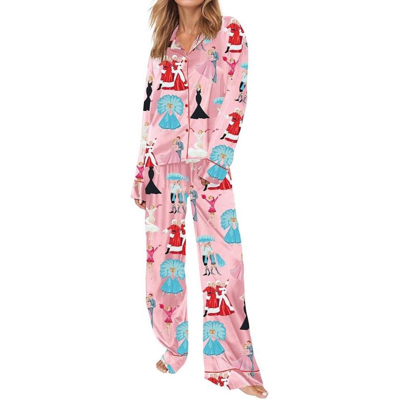 SHESHOW Pajamas for Women Set Long Sleeve Button Down Shirt And Pajama Pants Funny Satin Pjs Nightwear Sets Pink XS