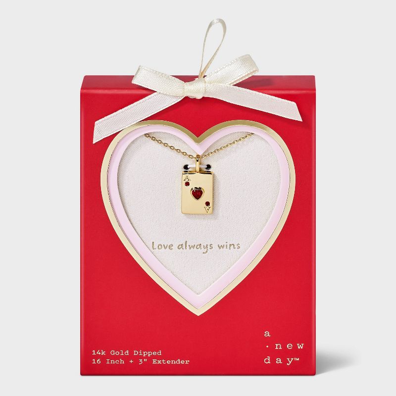 14K Gold Dipped Cubic Zirconia Valentines Ace of Hearts Pendant Necklace - A New Day™ Gold/Red