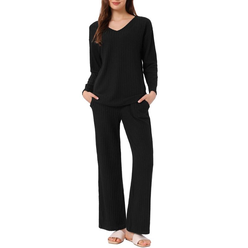 cheibear Women's Ribbed Knit V Neck Long Sleeve with Pants Casual Pajamas Sets Black X-Small
