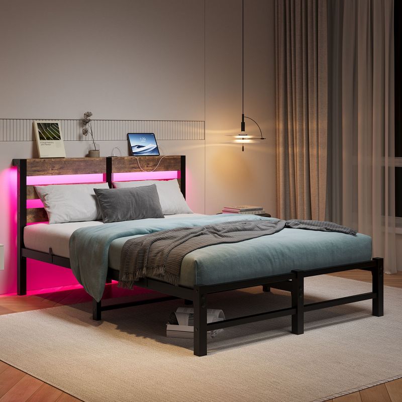 Sapphtopaz Full Size Bed Frame Heavy Duty Platform Bed Frame with Headboard Steel Slats Bedroom Furniture, No Box Spring Needed, Beige+Brown