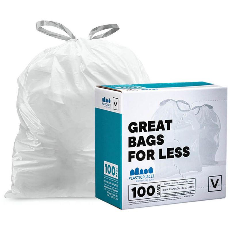Plasticplace Custom Fit Trash Bags, Compatible with simplehuman Code V White Drawstring Garbage Liners 4.2-4.8 Gallon, 14.5" x 28" (100 Count)