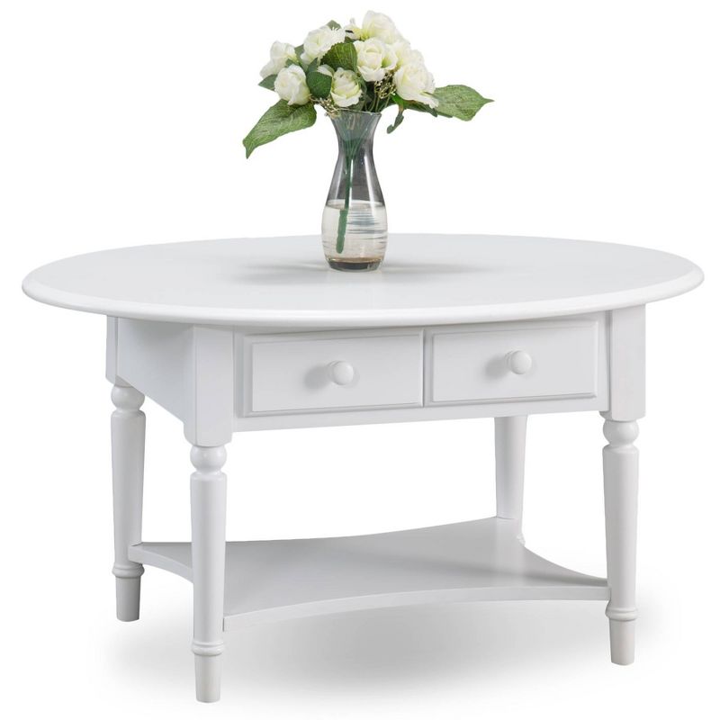 Leick Home Coffee Table White: Oval Rubberwood, 36" Width, Living Room Furniture with Storage Shelf
