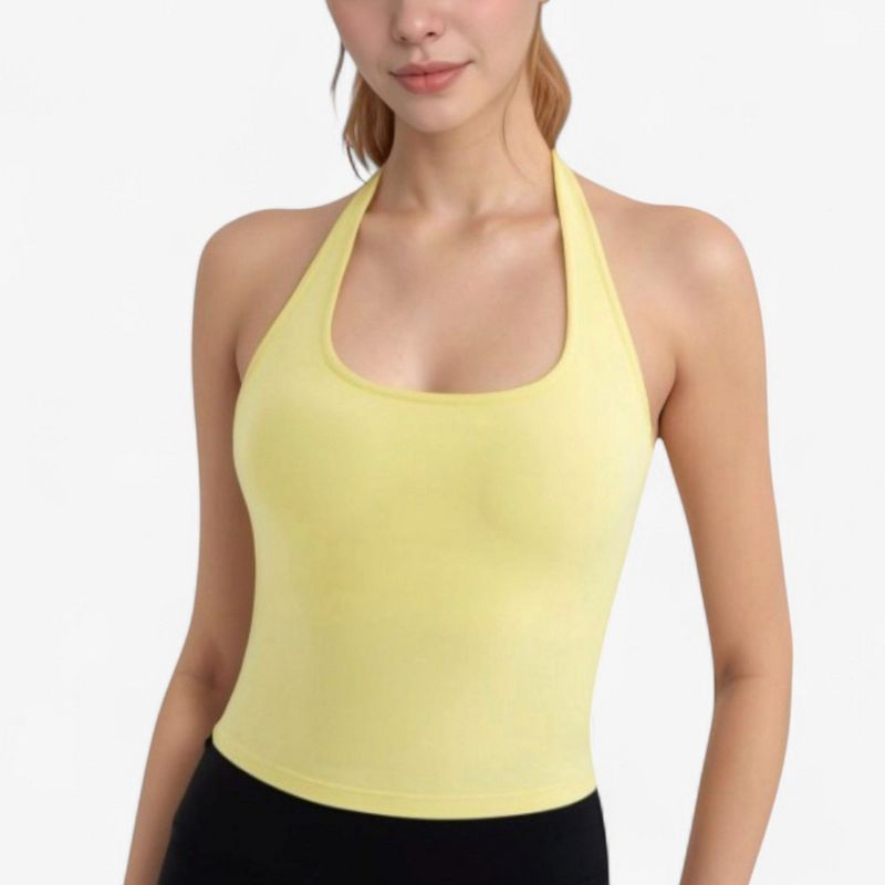 Anna-Kaci Active Women's Halter Neck Cropped Tank Top with Built-In Bra and Stretch Fabric for Workout or Casual Wear - Small, Yellow