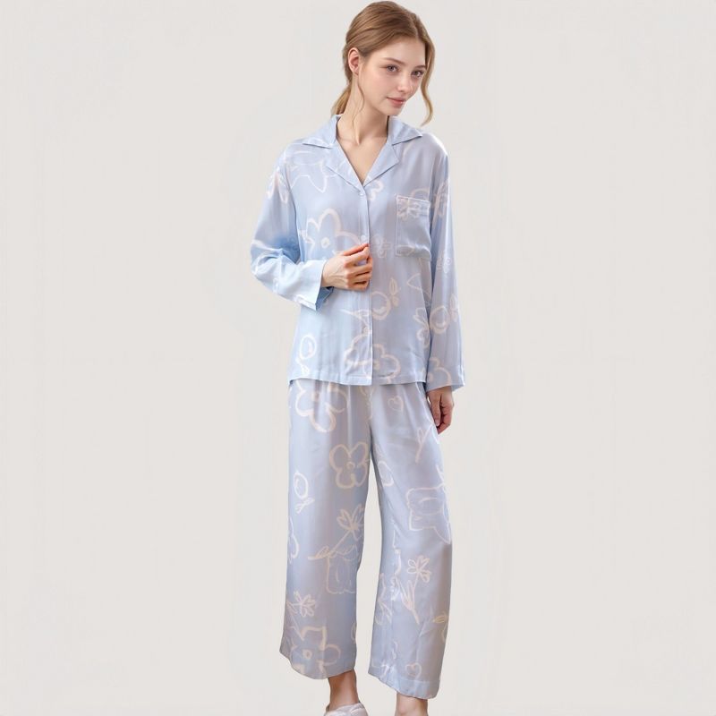 Anna-Kaci Lounge Women's Light Woven Pajama Set with Whimsical Floral Outline Print and Relaxed Button-Up Fit - Medium, Blue