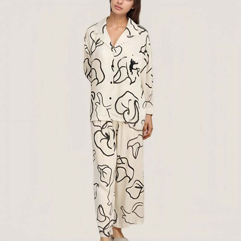 Anna-Kaci Lounge Women's Abstract Floral Woven Pajama Set with Long Sleeve Button Top and Wide Leg Pants - Small, White