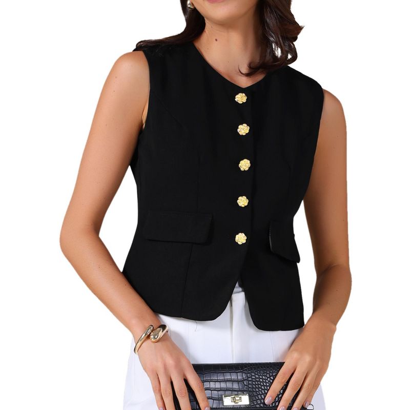 INSPIRE CHIC Women's Round Neck Sleeveless Floral Button Business Casual Suit Vest Black Large