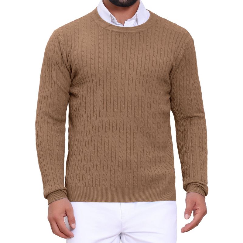 INSPIRE CHIC Men's Slim Fit Crew Neck Long Sleeve Soft Twist Textured Cable Knit Pullover Sweater Brown Medium