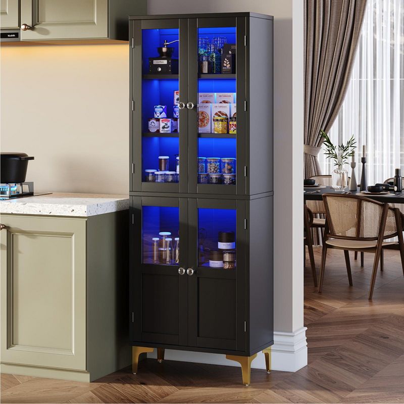 Bestierf 65'' LED Kitchen Pantry Storage Cabinet with Adjustable Shelves , Food Pantry &Art Display Cabinet with Acrylic Transparent Doors，Black