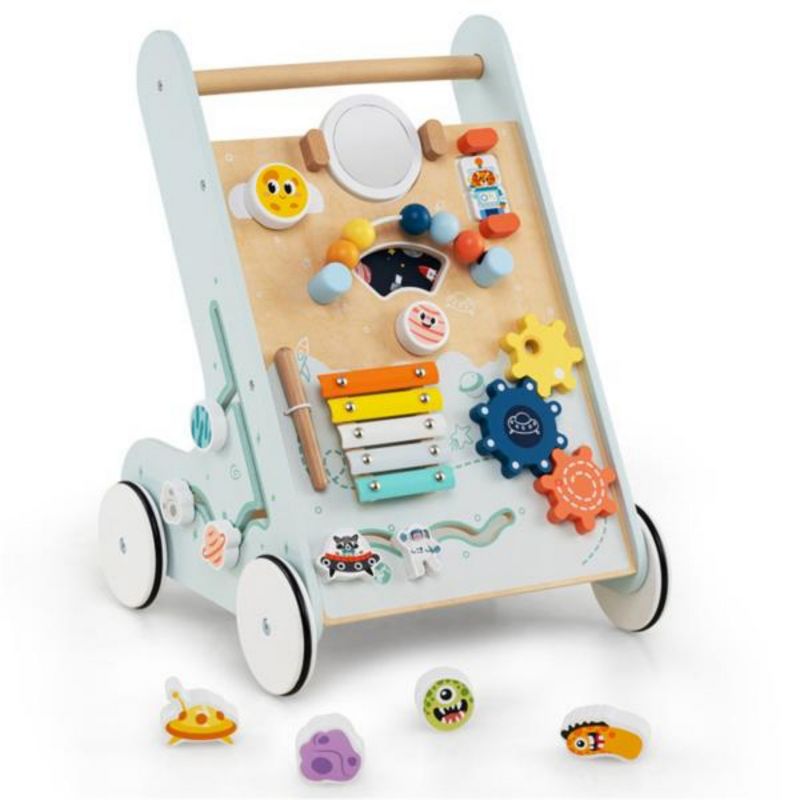 SEVOBAL Baby Walkers 8-in-1 Wooden Push and Pull Activity Center with Rotating Gears Xylophone Shape Sorters, Green, 14"*13"*18.5"