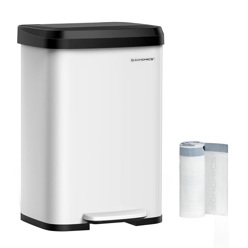 SONGMICS 13 Gallon Kitchen Trash Can Stainless Steel Garbage Can Recycle Bin with Stay-Open Lid and Step-on Pedal, White