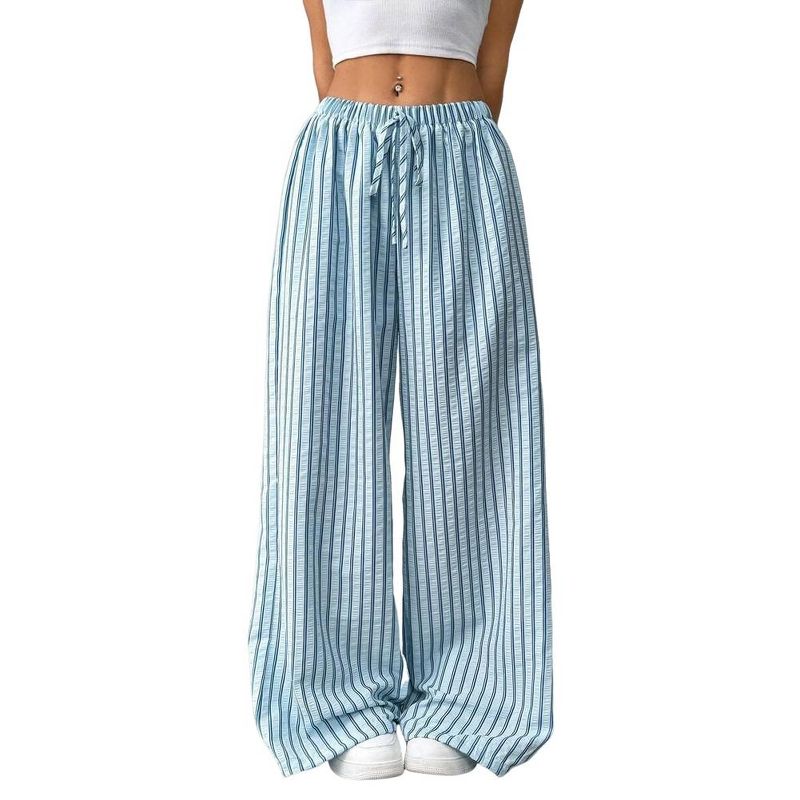 Jojoka Women Palazzo Pants Striped Pleated Wide Leg Pants High Waisted Drawstring Trousers Blue S