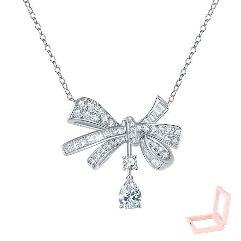 Women’s Modern Silver-Tone Alloy Bow Pendant Necklace - Paved CZ & Teardrop Stone, O-Chain, Stylish Gift for Her Birthday