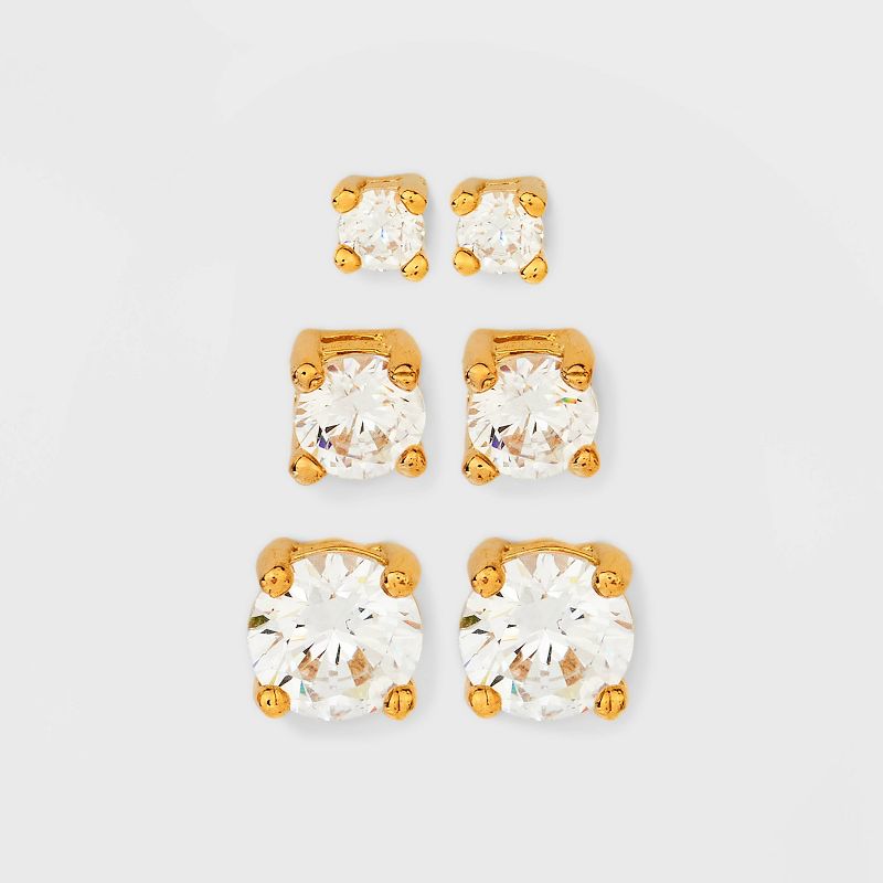 14K Gold Plated Cubic Zirconia Trio Stud Earring Set - A New Day™ Gold: Nickel-Free, Polished Finish, Gift Box Included