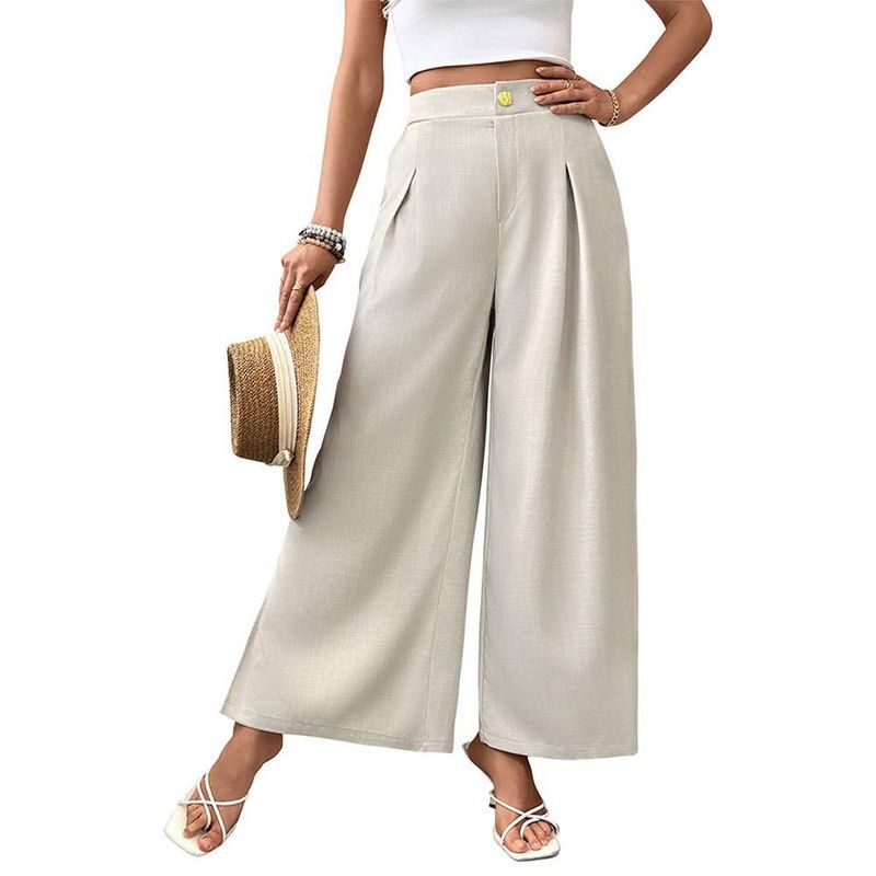 Coolmee Women Casual Wide Leg Pants High Waisted Loose Fit High Slit Business Work Trousers with Pockets M Light Gray