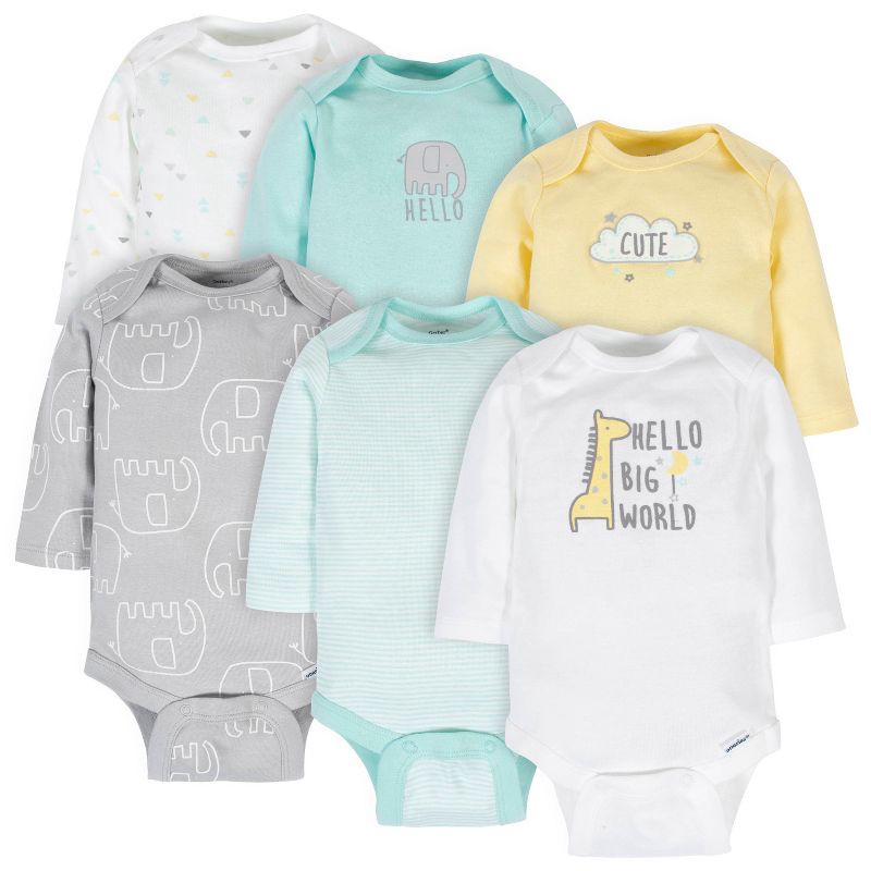 Gerber Baby Neutral Long Sleeve Onesies Bodysuits - Animals - 6-9 Months - 6-Pack