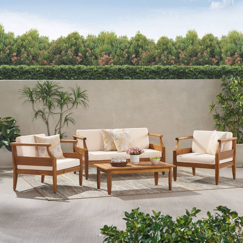Aston 4pc Acacia Wood Mid-Century Modern Chat Set: Weather-Resistant, Includes Cushions - Christopher Knight Home