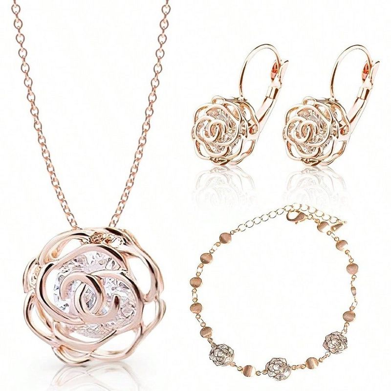 Forever Rose Bridal Set: 18K Gold Plated White Crystal Rose Necklace, Earrings & Bracelet for Wedding Party Gold Standard