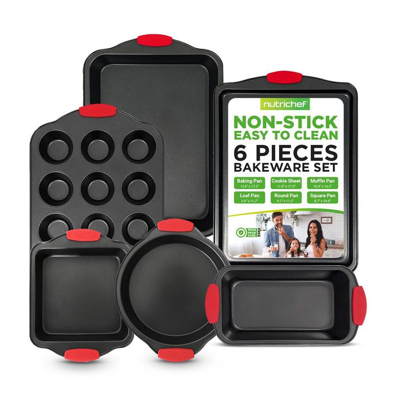NutriChef Kitchen Oven Baking Pans - Deluxe Nonstick Coating with Red Silicone Handles (6-Piece Carbon Steel Bakeware Set)