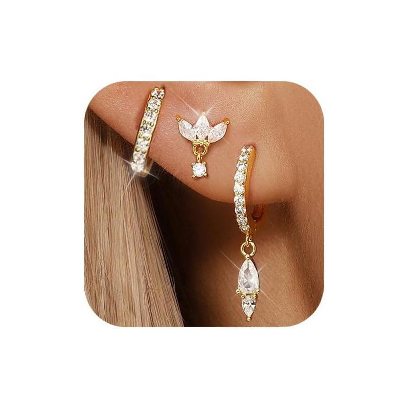 Multi-Piercing Earring Set, 14K Gold Plated Huggie Hoop Drop & Stud, Curated Dainty Jewelry for Women Gold One Size