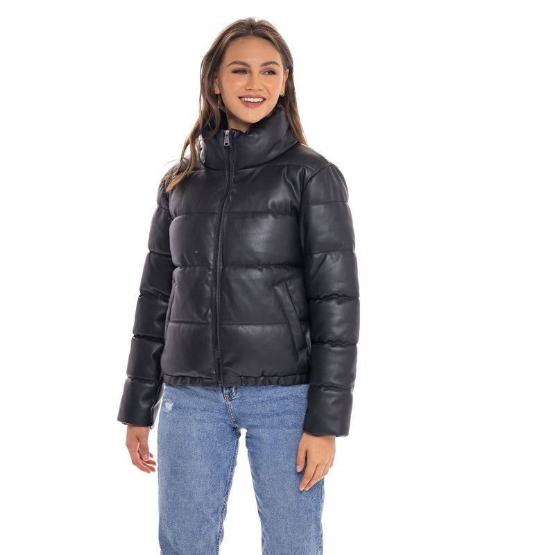 Women's Faux Leather Puffer Jacket, Puffy Coat - S.E.B. By SEBBY Black Medium