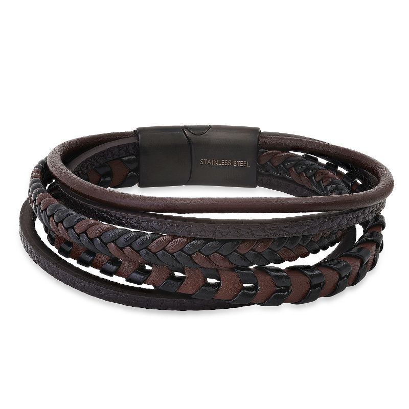 Steeltime Men's black & brown braided leather and black ip stainless steel magnetic layered bracelet