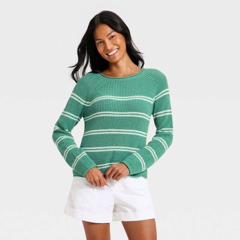 Women's Knit Pullover Sweater - A New Day™ Green/Cream Striped S