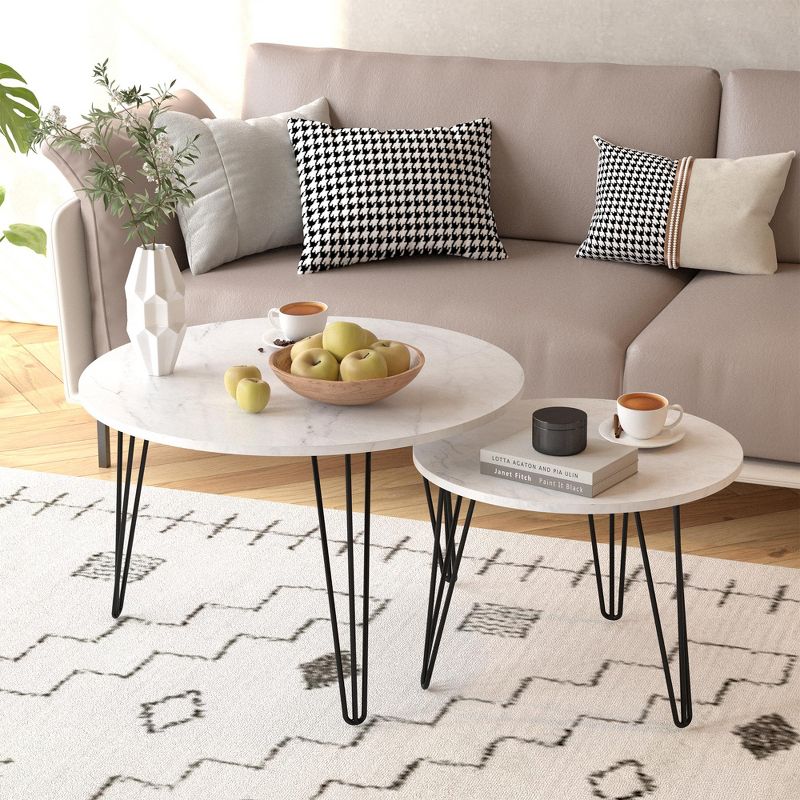 Kumasinova 27.56" Nesting Coffee Table Set of 2,Side Table with Wood Top,End Table with Metal Base,Round Coffee Tables for Living Room Furniture,White