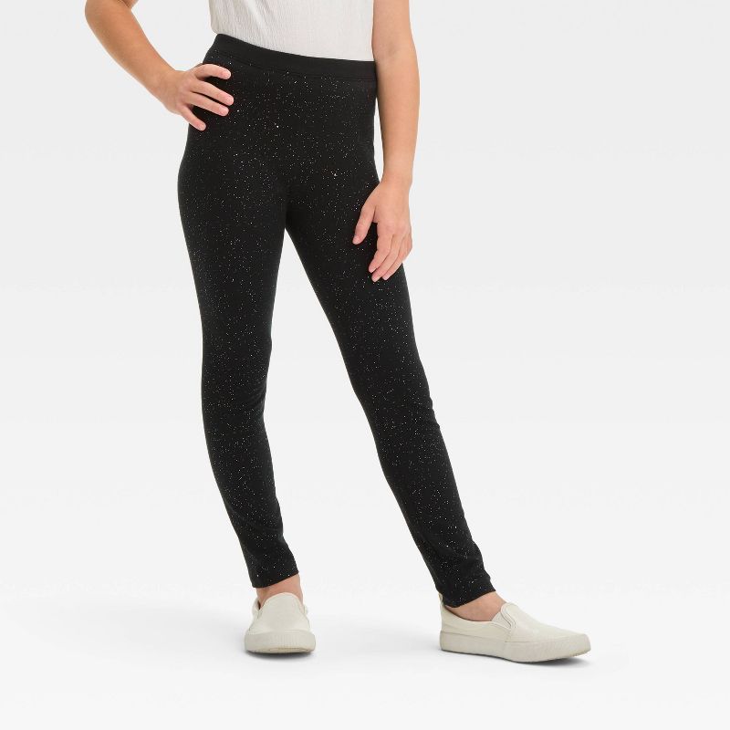 Girls' Sparkle Leggings - Cat & Jack™ Black L: Cotton-Spandex Blend, High Rise, Skinny Leg, Abstract Fleck Pattern