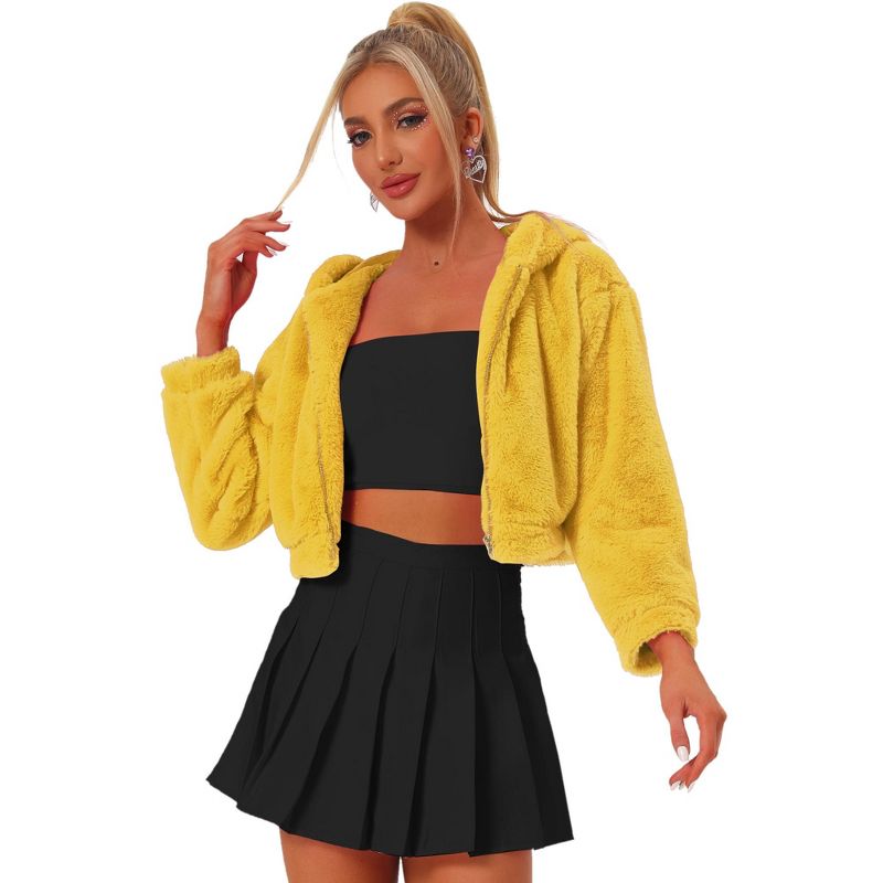 INSPIRE CHIC Women's Casual Hooded Zip Up Long Sleeve Cropped Faux Fur Jacket Yellow Small