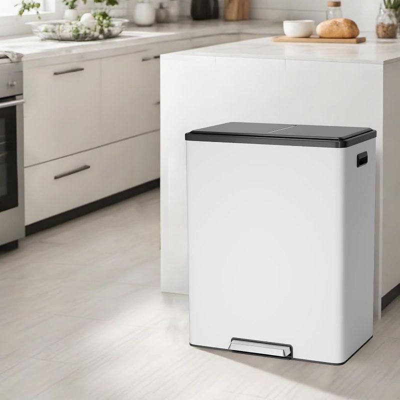 60L Dual-Compartment Trash & Recycling Bin, 2×8 Gallon Stainless Steel with Soft-Close Lid, Removable Inner Bins, White, for Home/Office