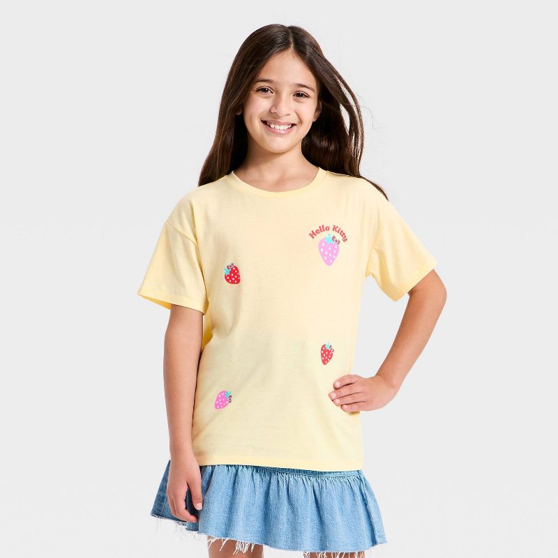 Girls' Sanrio Hello Kitty Strawberry Dreams Oversized Front and Back Graphic Short Sleeve T-Shirt - Yellow M