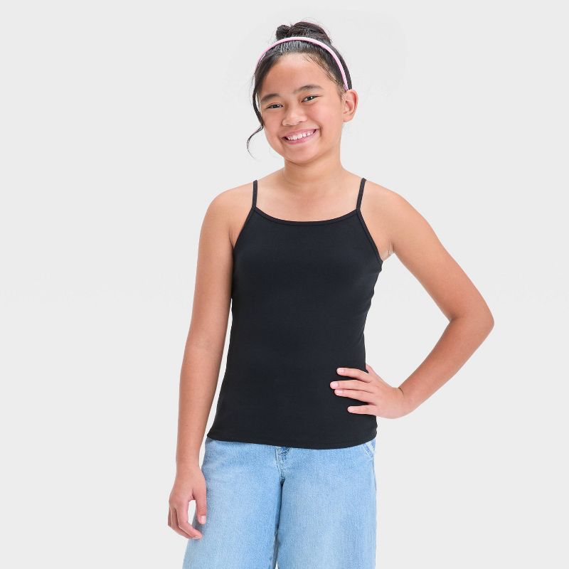 Girls' Cami Top - Cat & Jack™ Black XS: Cotton Blend, Adjustable Strap, Squareneck, Sleeveless, Machine Washable