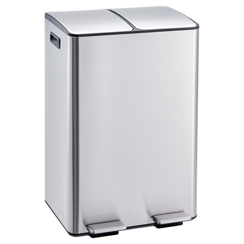 16 Gallon Dual Compartment Trash & Recycle Bin – Stainless Steel, Step Pedal, Removable Inner Buckets, Soft-Close Lid – Kitchen, Home, Office –Sliver