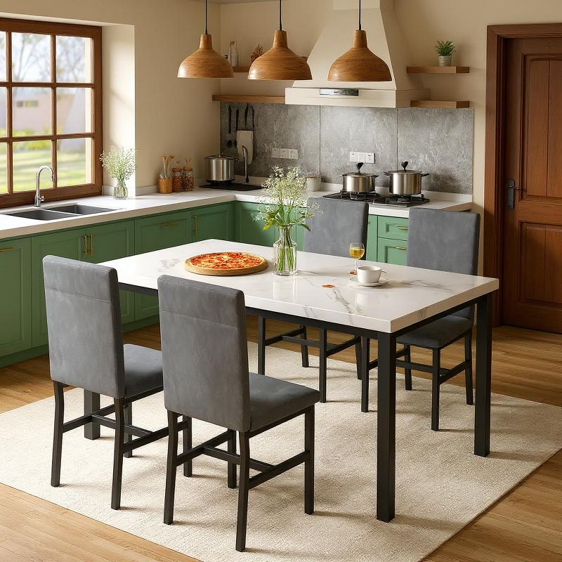 Hooseng Modern Style 5-Piece Dining Room Table And Chairs Set, Faux Marble MDF Table Top and Velvet Upholstered Chairs Dining Table Set for 4