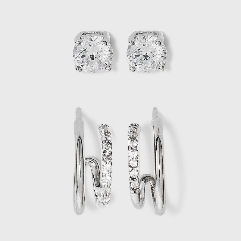 Sterling Silver Cubic Zirconia Double Post Hoop Earring Set 2pc - A New Day™ Silver: Tarnish-Resistant, Nickel-Free