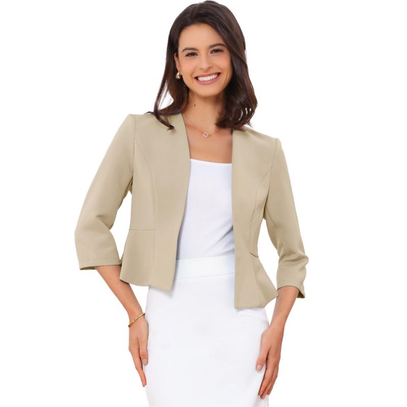 Allegra K Women's Open Front Collarless 3/4 Sleeve Peplum Business Work Suit Blazer Apricot Large
