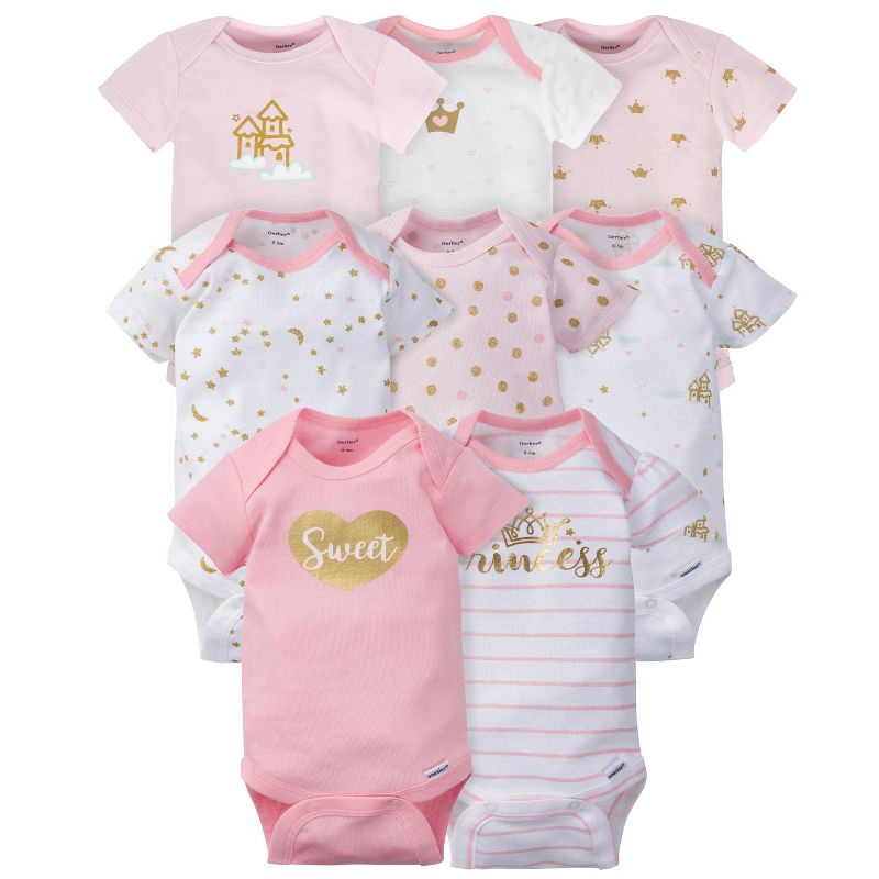 Gerber Baby Girls' Short Sleeve Onesies Bodysuits, 8-pack, Castle, Newborn