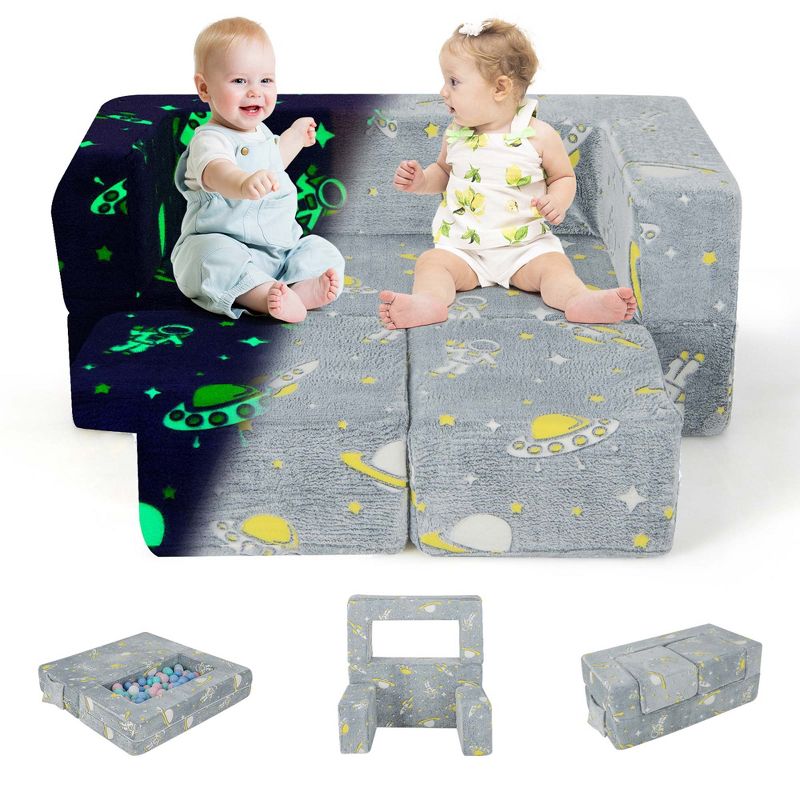 Costway Kids Couch Toddler Convertible Glow Play Sofa with Ottomans Cover & Side Pockets