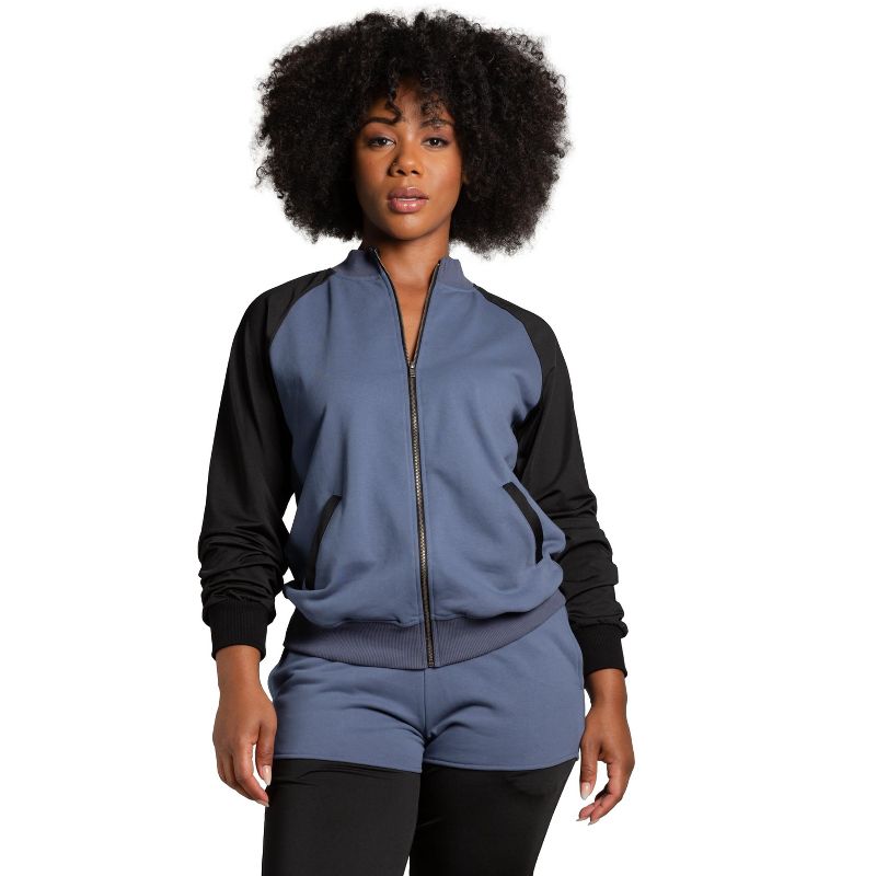 Poetic Justice Women's Zip Up Conrast Blocked Sweatshirt Jacket French Navy Large