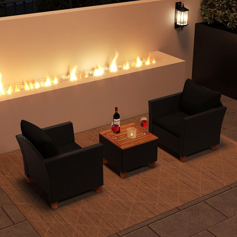 Costway 3PCS Patio Rattan Furniture Set Cushioned Sofa Storage Table with Wood Top Black