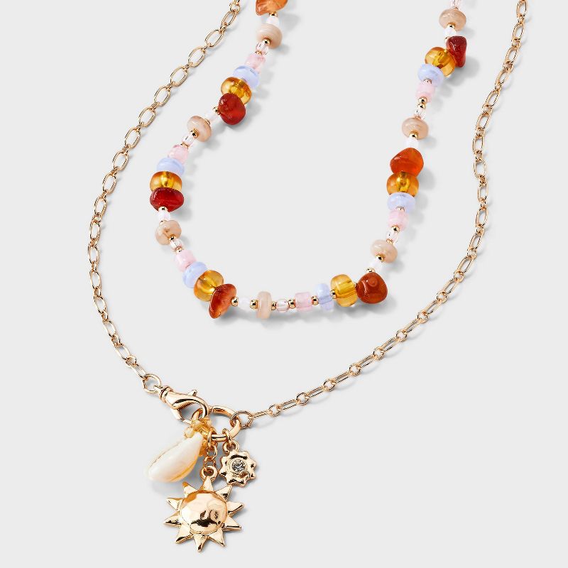 Beaded and Chain Charm Necklace 2pc Set - Universal Thread™ Gold/Neutral