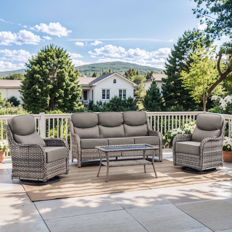 Gymojoy Outdoor 4 Piece Patio Sofa Coffee Table with Swivel Chairs Furniture Set for Deck Porch Backyard