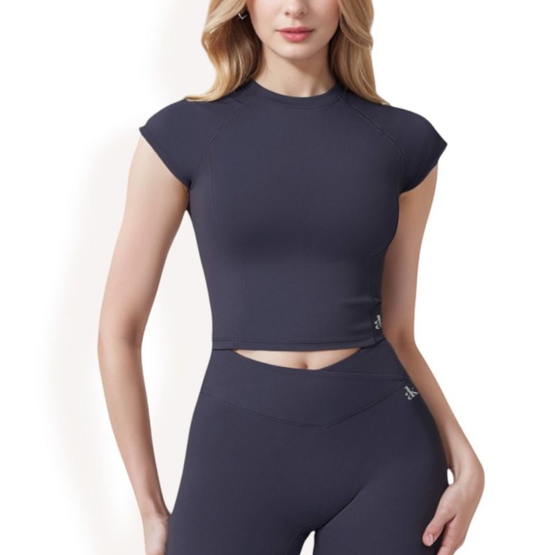 Anna-Kaci Active Women's Short Sleeve Cropped Activewear Top with Fitted Silhouette - X Large, Navy
