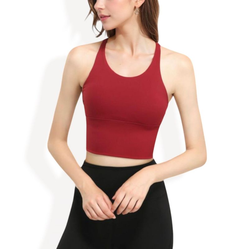 Anna-Kaci Active Women's Racerback Longline Sports Bra with Built-In Support - Medium, Red