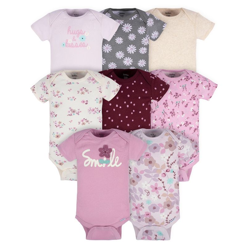 Gerber Baby Girls' Short Sleeve Onesies Bodysuits, 8-pack, Lavender Garden, 3-6 Months