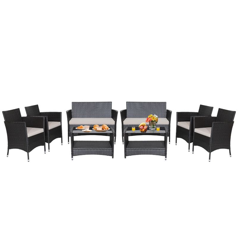 Costway 8PCS Patio Rattan Furniture Set Armrest Cushion Sofa Coffee Table with Shelf Garden