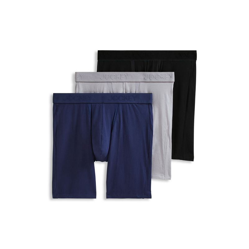 Jockey Men's Chafe Proof Pouch Cotton Stretch 8.5" Long Leg Boxer Brief - 3 Pack M Just Past Midnight/Mid Grey/Black Out