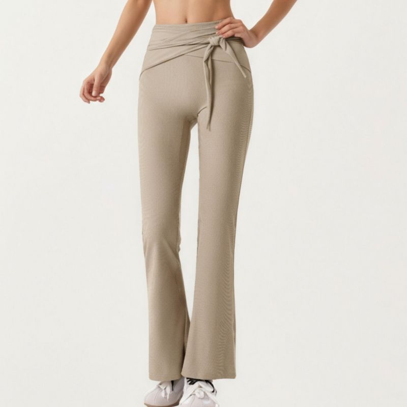 Anna-Kaci Active Women's Ribbed Knit Flare Pants with Wrap Tie Waistband and High Waist Silhouette - Medium, Beige